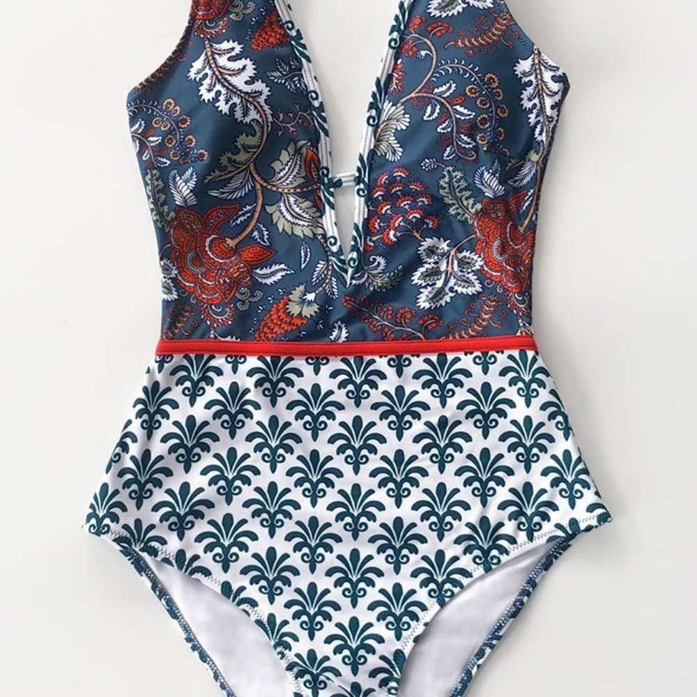 BLUE PRINT PLUNGING NECKLINE ONE-PIECE SWIMSUIT
